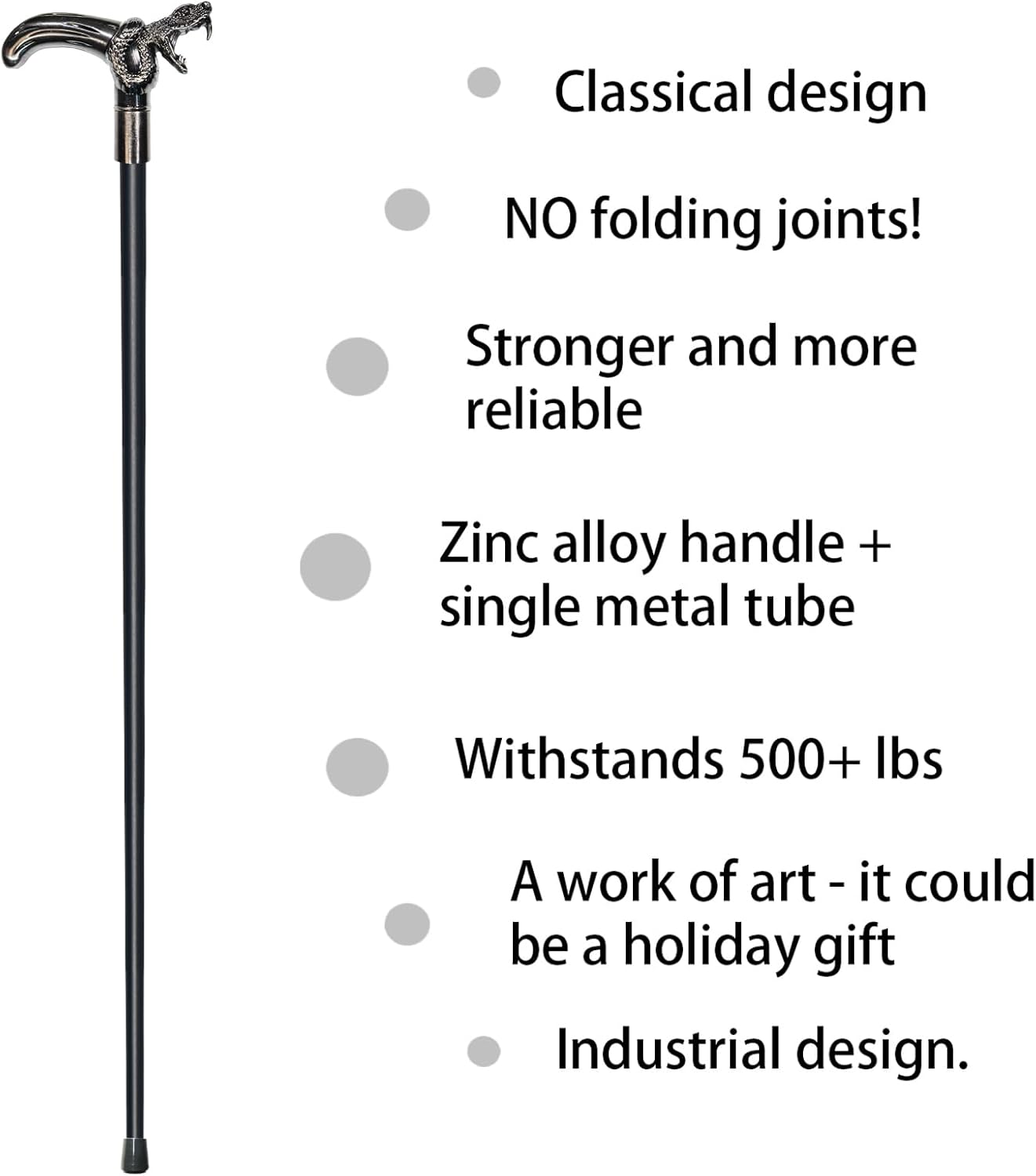 Walking Cane for Men & Women & Seniors - 36.5 Inch Heavy Duty 500+ lbs Capacity, Snake Ergonomic Handle, Decorative & Ornate Design, Gothic & Goth Elegant Artistry, Metal Cane