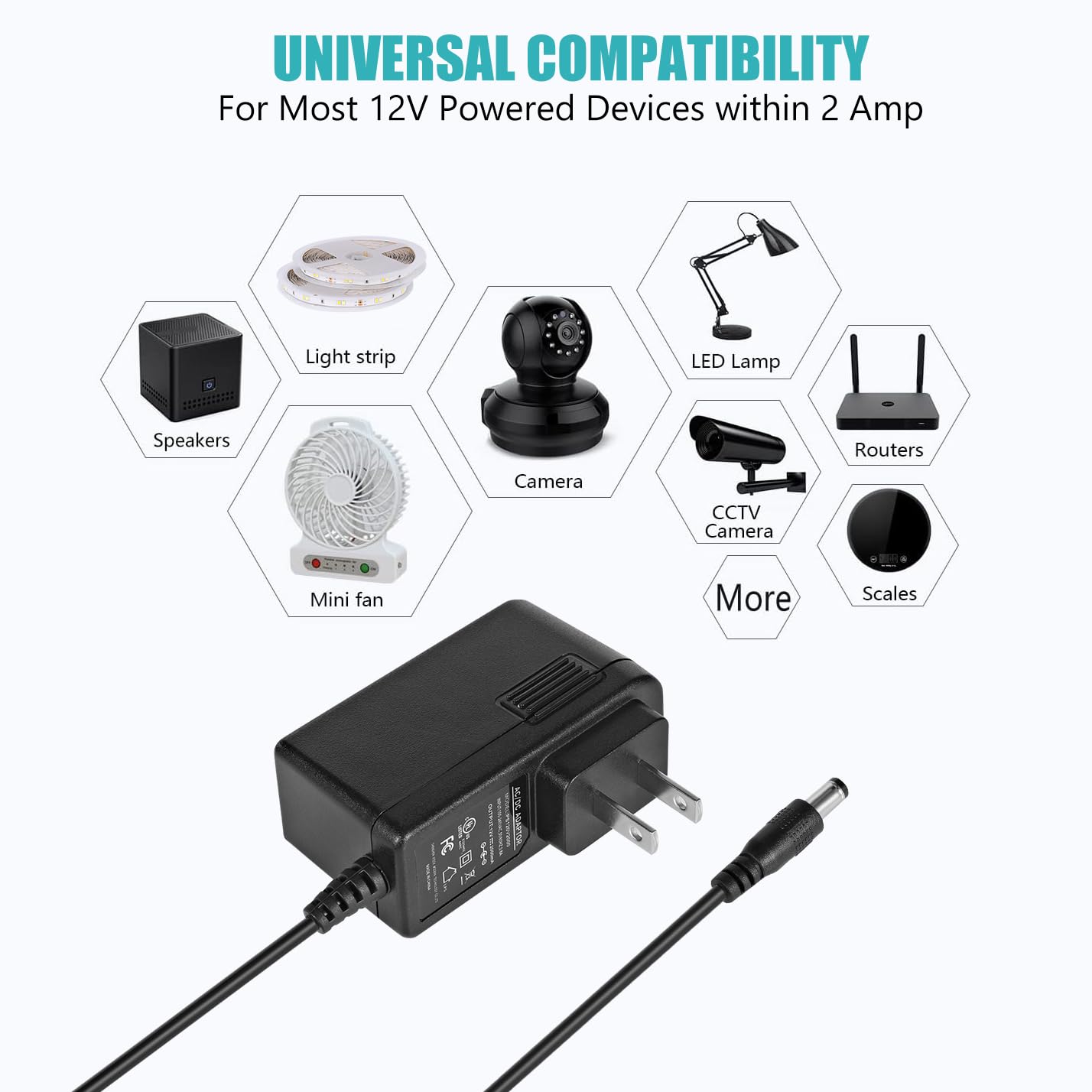 Zasilacz 12 V 2 A, lista UL, transformator adaptera 120 V AC na 12 V DC, 12 V, 2 A, 24 W, ładowarka ścienna do taśm LED, kamery bezpieczeństwa, wtyczka amerykańska 5,5 x 2,1 mm (5 sztuk)