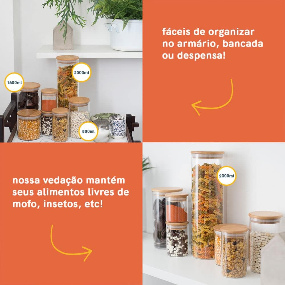 Oikos - Kit 5 Potes de Vidro com Tampa de Bambu Herméticos Redondos