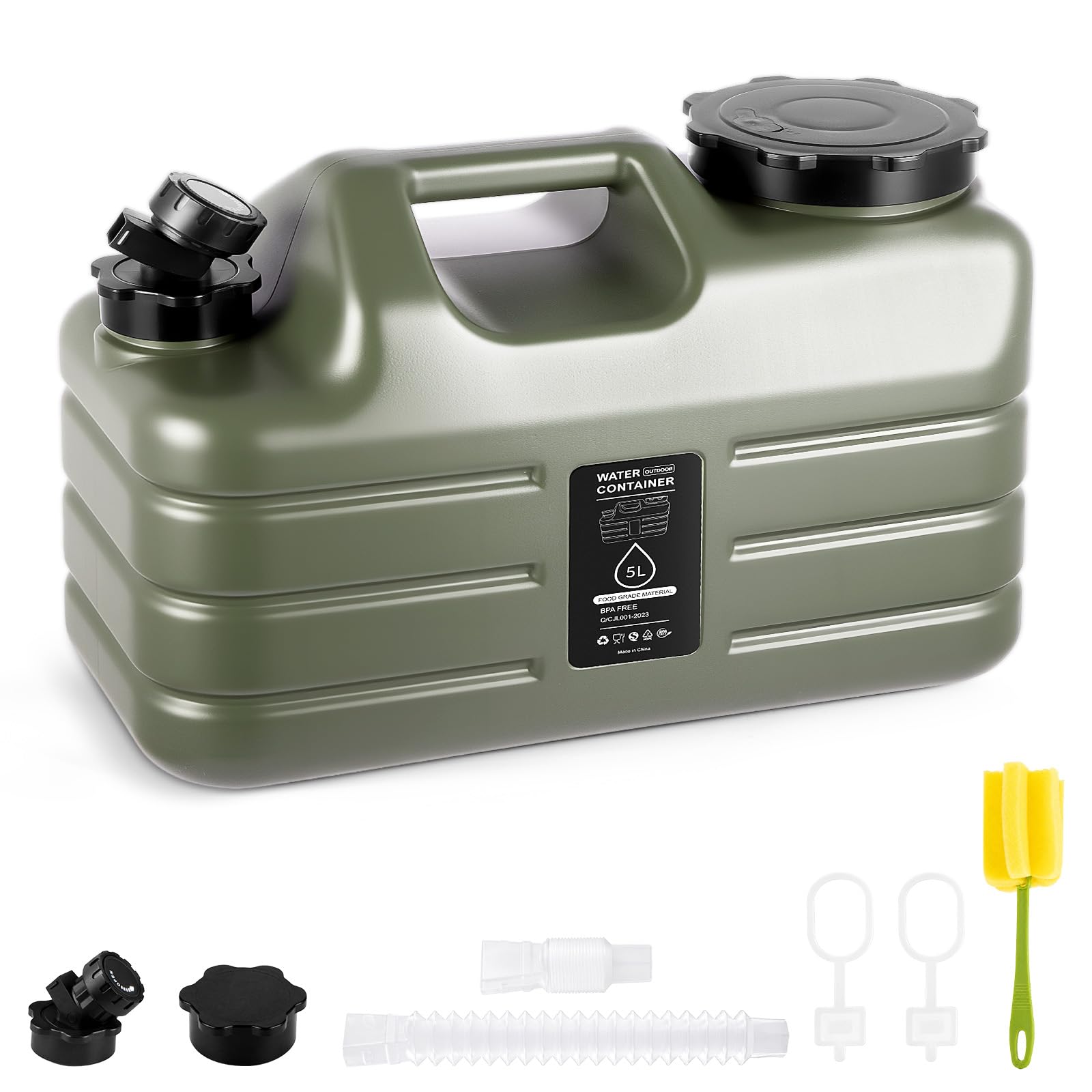 BREEZENEST Water Container, Outdoor Water Jug, No-Leak Water Storage, BPA Free Portable Water Carrier with Tap for Camping, Outdoor, Emergency Military Green 5L