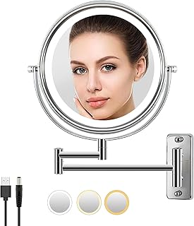 Wall Mounted Lighted Makeup Vanity Mirror, Lansi 8'' Makeup Mirror with 3 Lights and 1X/10X Magnification Mirror, 360° Swivel with Extension Arm Lighted Makeup Mirror, Bathroom Mirror(Chrome Finish)