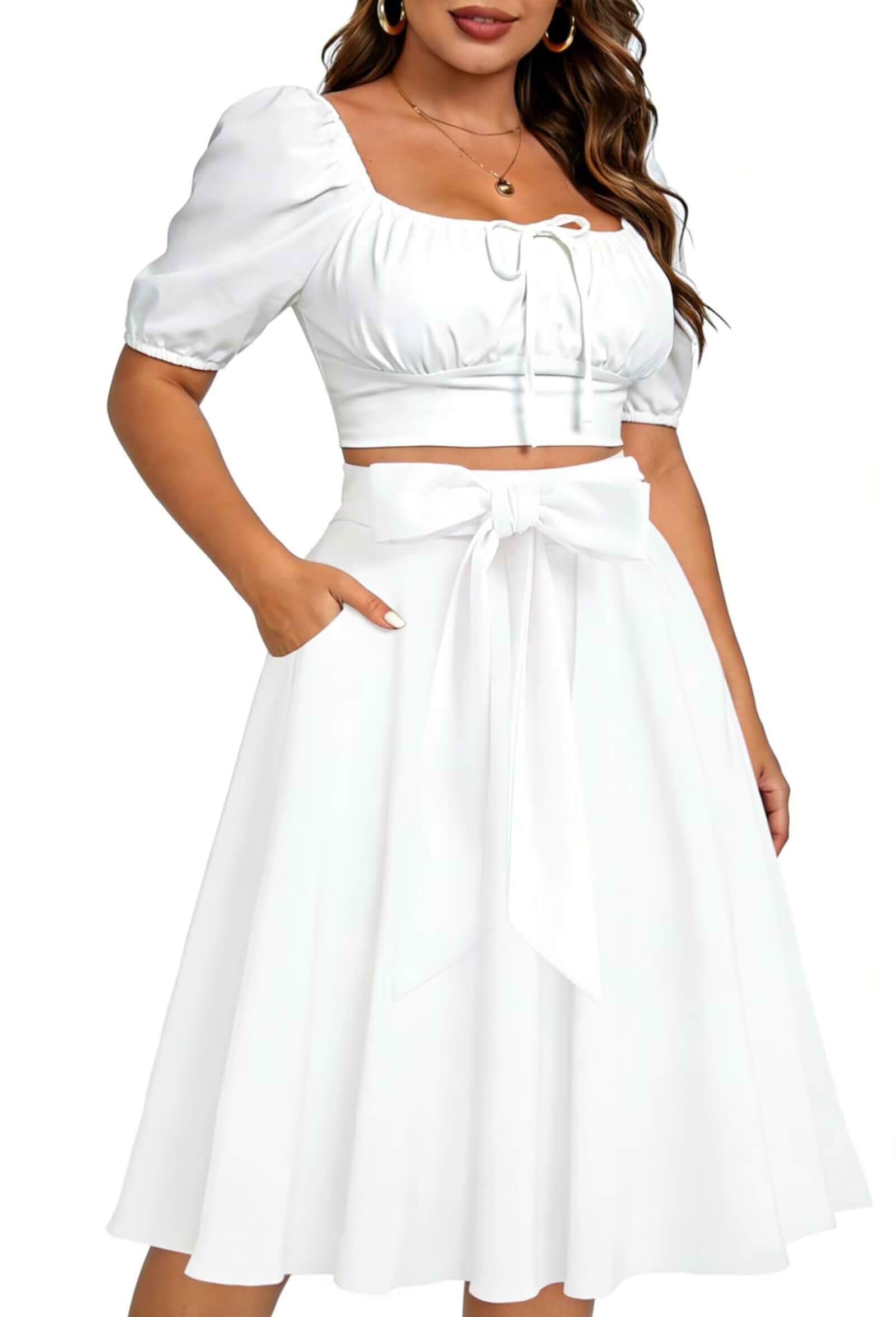 Sinono Women's High Waist A-Line Midi Vintage Skirt Solid Color Pleated Flared Skater Skirt with Pockets