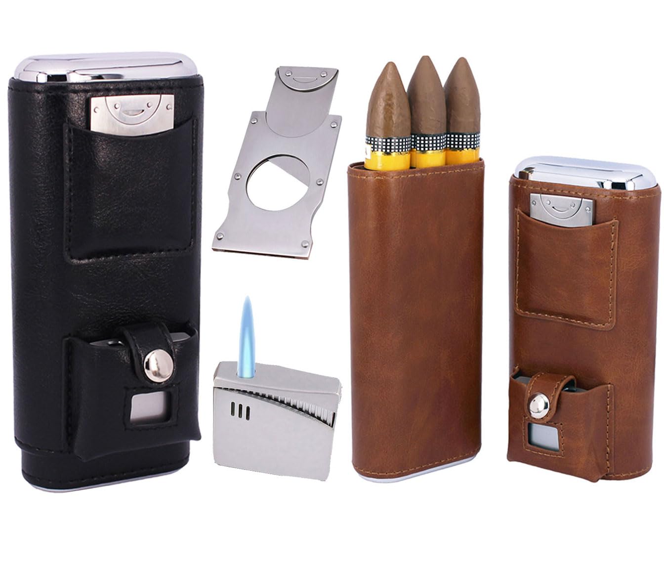 AMANCYClassy Black Brown Crocodile Pattern Cigar Humidor Case Set Bundle with Classical Black Travel Cigar Humidor Case