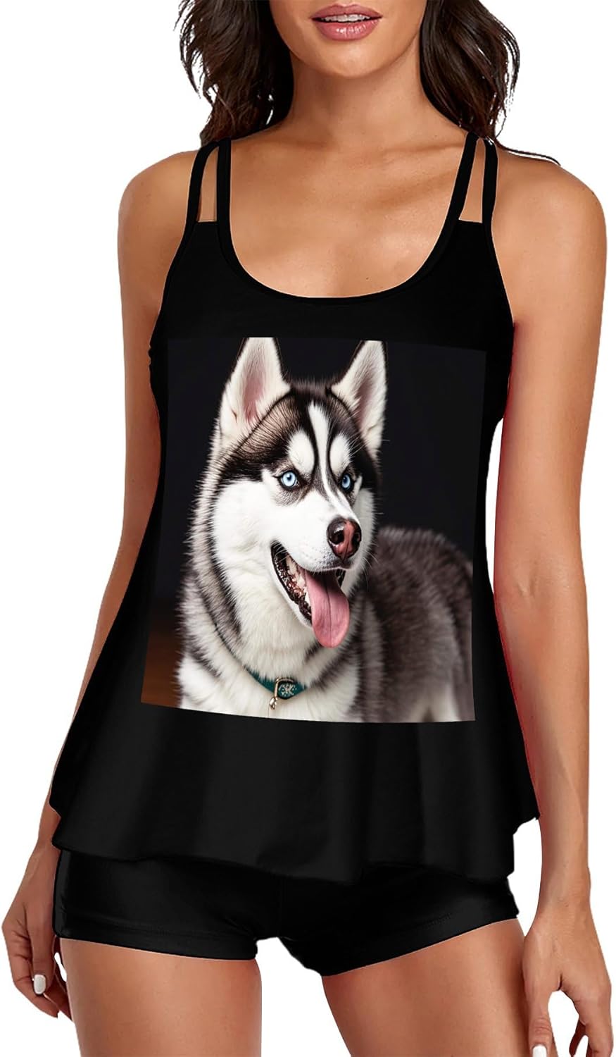 Cute Husky Dog Tankini Swimsuits for Women Tummy Control Two Piece Bathing Suits Swim Tops with Boy Shorts