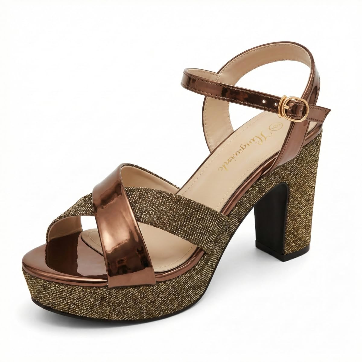 Womens Sparkly Platform Dress Sandals for Women Chunky Block Heel 3.8 Inch High Heels Open Toe with Strap for Women Comfortable Sexy Dressy Prom Wedding Party Evening Shoes