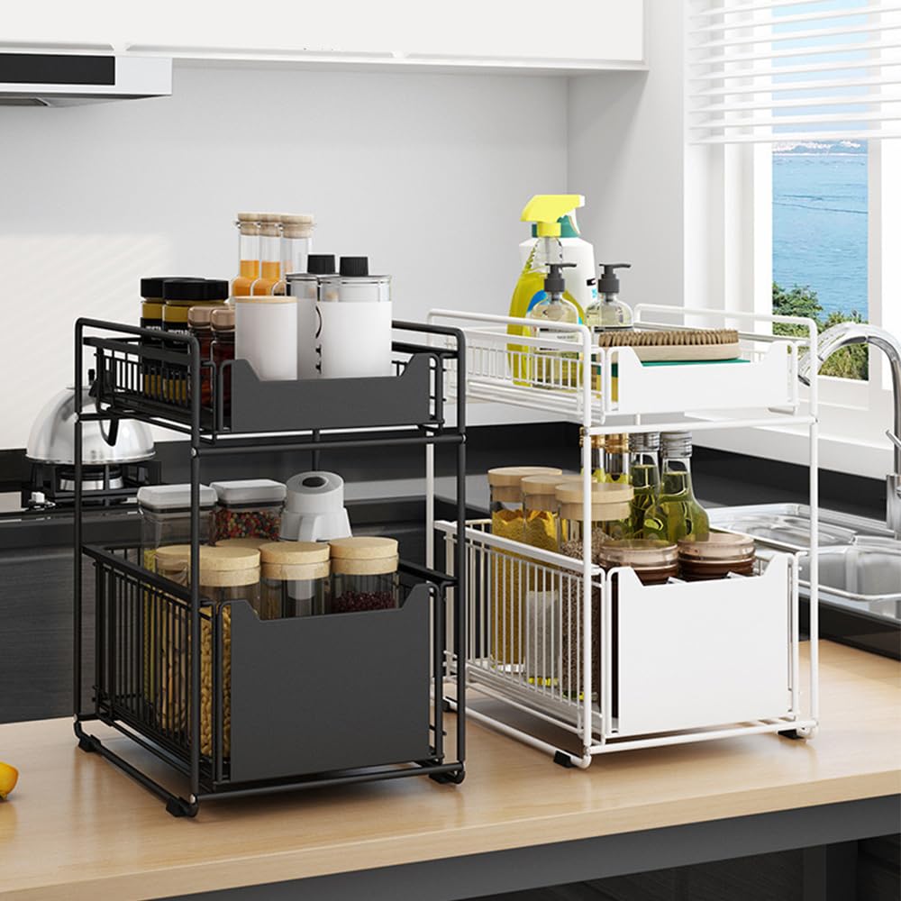 OHMG - Organizadores bajo fregadero de doble nivel, almacenamiento bajo fregadero, estructura de acero al carbono reforzado, almacenamiento y organización para cocina, cuarto de baño, lavadero