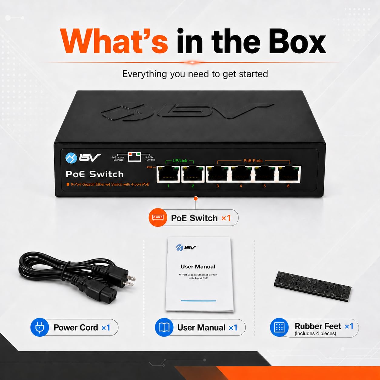 BV -Tech Commutateur Gigabit PoE+ 6 ports (4 ports PoE+ Gigabit avec 2 Gigabit Uplink et Fonction Extension) – 60 W – 802.3at + 1 port PoE haute puissance | Conception sans ventilateur de bureau |