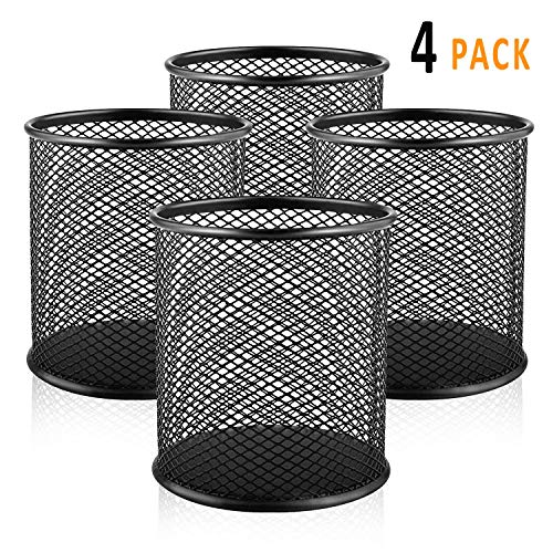 OFIMASTER 11 Mesh Metal Pen 4 Pack Medium Pencil Cup Holder for Office Desk Organizer (Black)