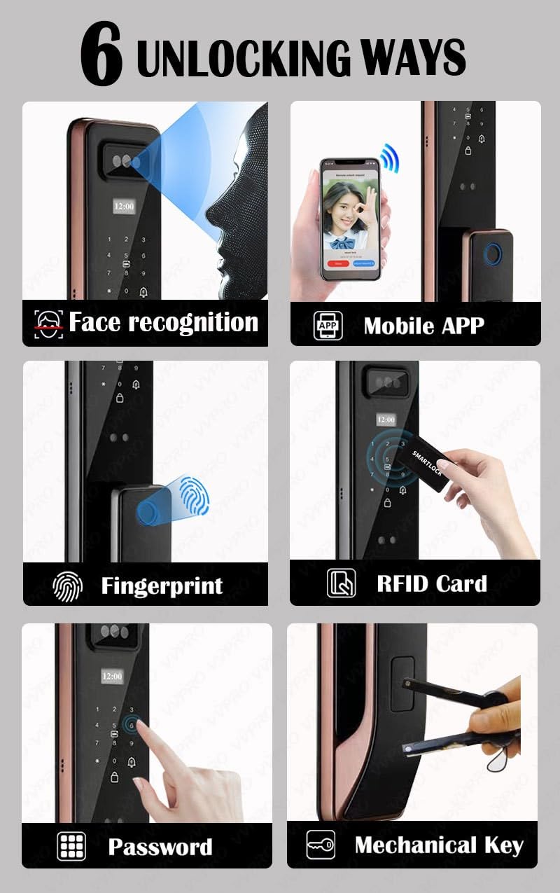 Inteligentne zamki do drzwi wejściowych, zamek do drzwi 3D, biometryczny zamek do drzwi z WiFi, odciskami palców, kartami, kluczem, hasłem, sterowaniem aplikacją, domofonem głosowym i kamerą,