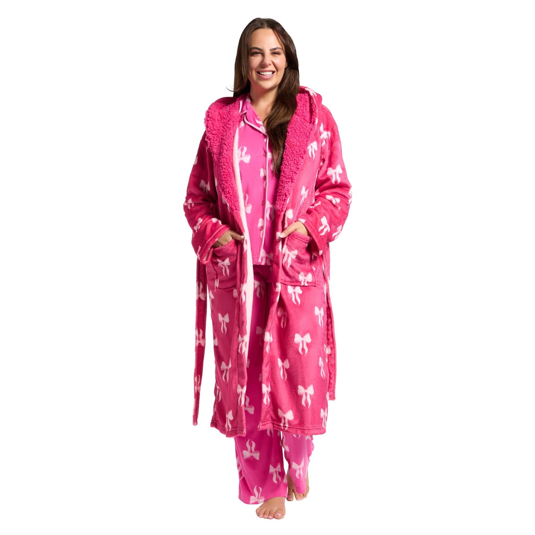 OHS Bow Print Dressing Gown Womens, Mothers Day Gifts Super Soft Warm Flannel Fleece Hooded Bathrobe with Pockets Fluffy Sherpa Lined Luxury Oversized Fluffy Ladies Dressing Gowns, Hot Pink