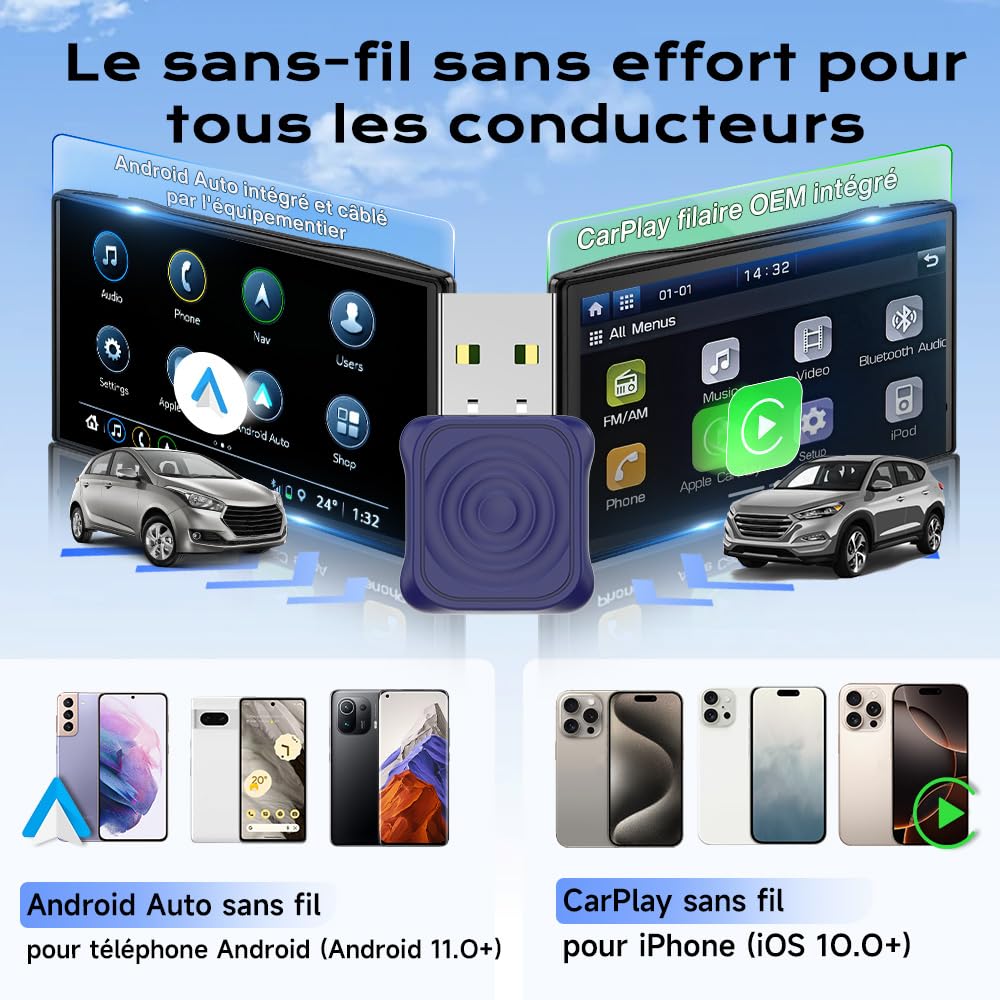 Carlinkit Mini Ultra Adaptateur sans fil CarPlay & Android Auto – Dongle Plug & Play pour iPhone & Android, Convertit câblé en sans fil, USB-A/USB-C, compatible avec les voitures OEM câblées