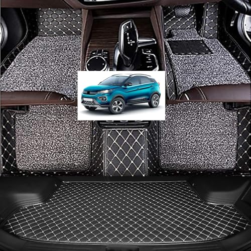 Image of Vahan Expo Premium 7D Car Mat Full Set TATA Nexon EV with Boot Mat || Luxury Double-Stich 7D Car Floor Mat Complete Set || 100% Waterproof and Washable || Black