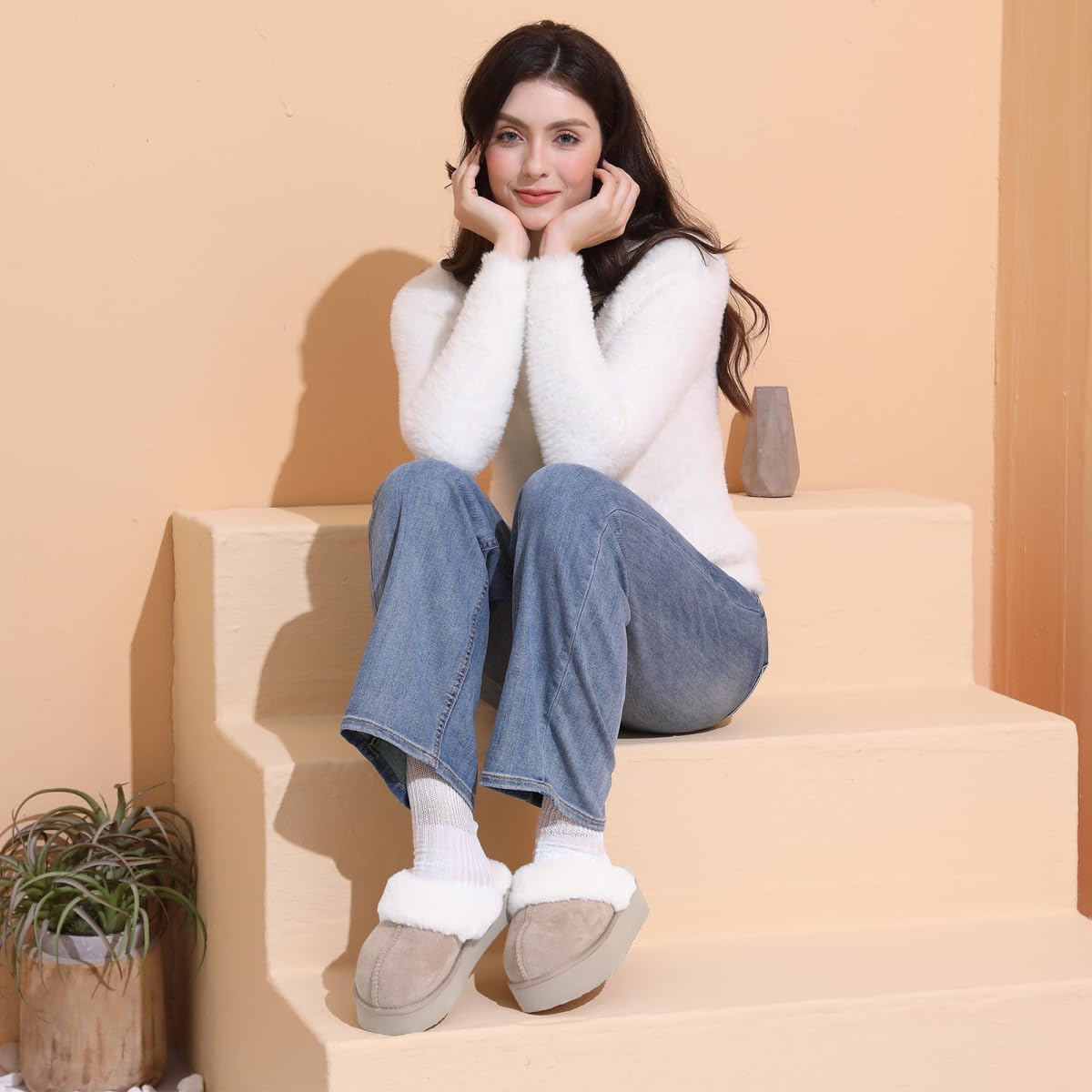 OOW Fuzzy Platform Slippers for Women - Women's Casual Winter House Slippers - Brown, Faux Fur & Shearling Blend - Women's Size - Image 3