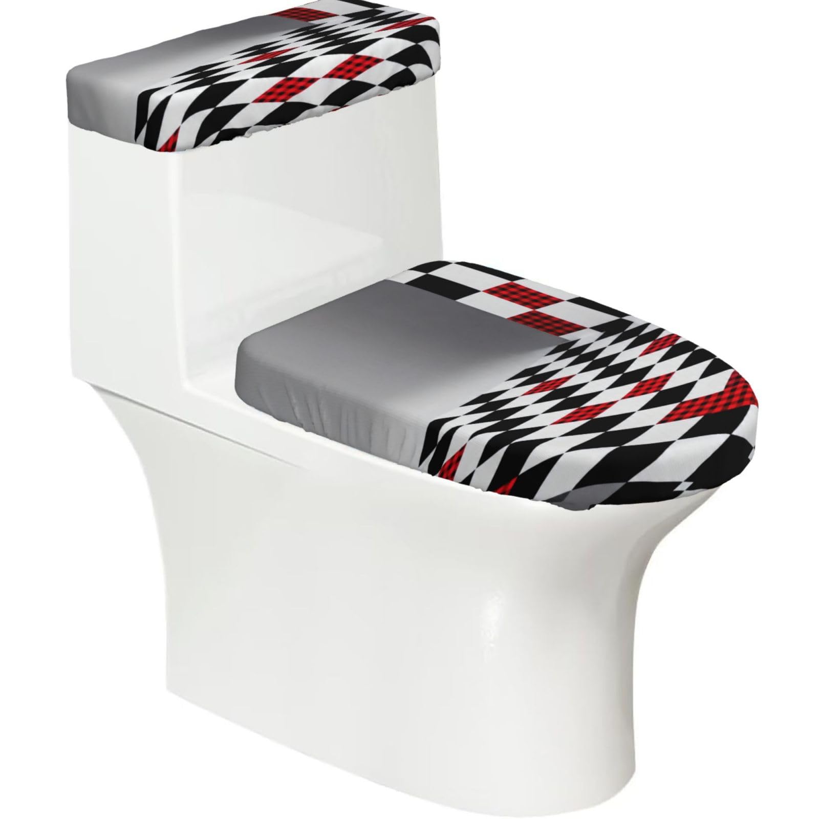 Checkerboard Elastic Toilet Cover Set of 2-Stretchy Lid and Tank Covers for Bathroom, Soft Washable U Shape Toilet Decor