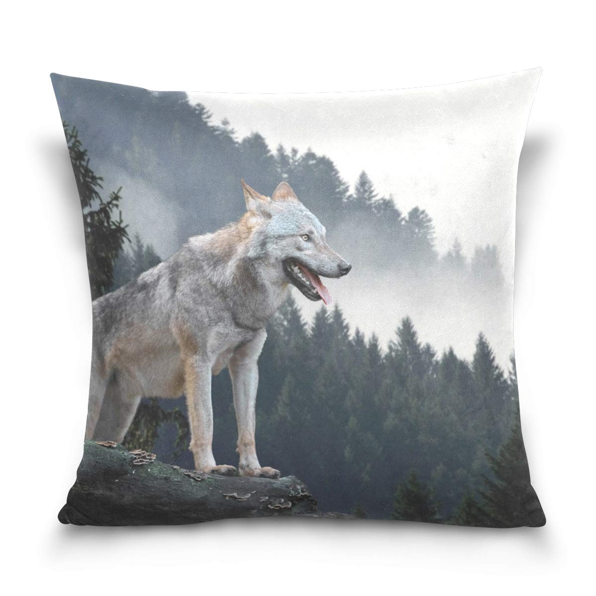 Linomo Throw Pillow Cover 16x16 inch, Wolf Forest Mountain Decorative Pillow Cases Cushion Cover for Couch Sofa Bed Home