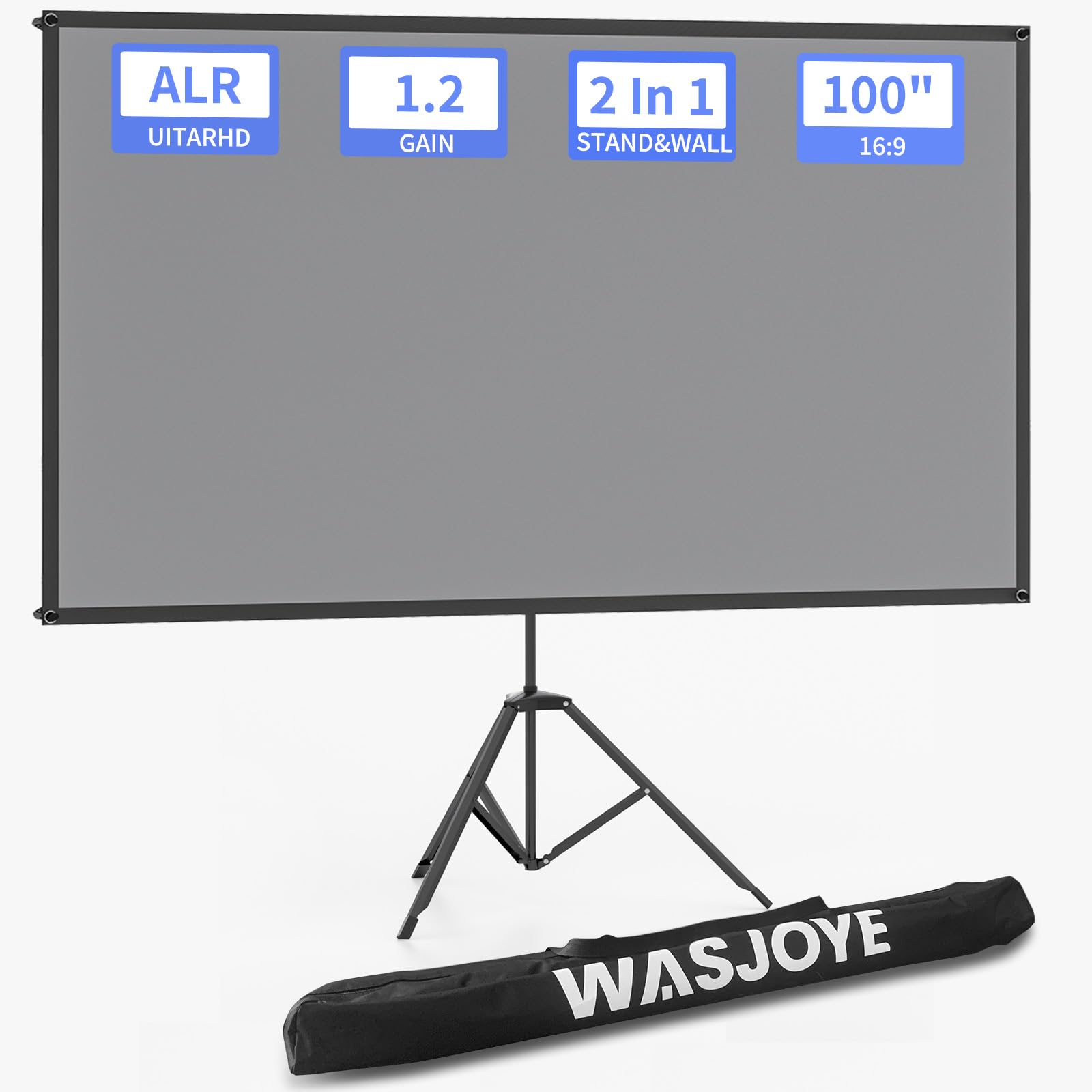 WASJOYE Proyector de Pantalla con trípode, 100" 16:9 Pantalla proyector portatil para Exteriores e Interiores, PVC Pantalla de proyección Gris Tejida con Ganancia de 1.2 con Bolsa de Transporte