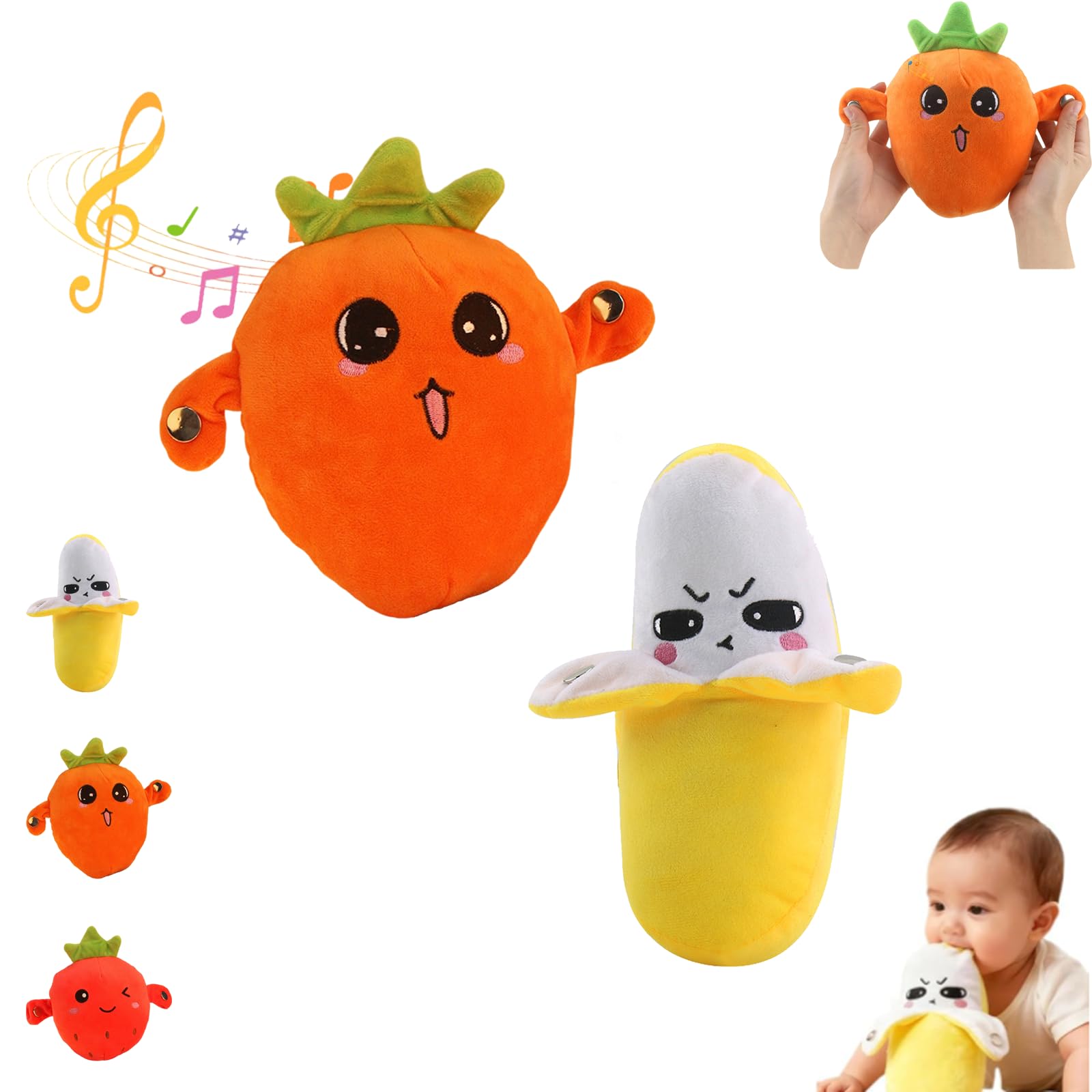 Peluche Musicale Interattivo, Bambola a Induzione Tattile a Forma di Frutta con 15 Modalità Sonore, Giocattolo Sensoriale Educativo per Neonati e Giochi di Gruppo in Famiglia (2pcs-b)