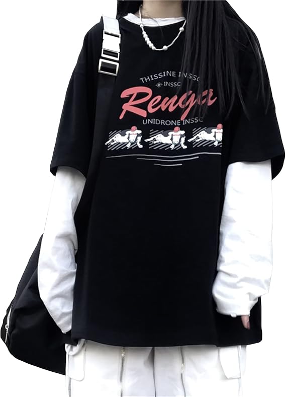 Amazon Towyyo Tシャツ レディース フェイクレイヤード かっこいい 長袖 原宿系 病みかわいい トップス 韓国ファッション 春秋 薄手 おしゃれ 黒 白 M L Tシャツ カットソー 通販