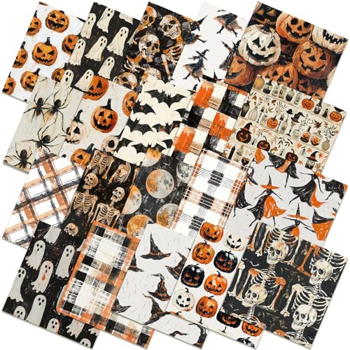 Ganeen 60 Pcs 10 x 10 Inch Halloween Quilting Fabric Square Spooky Ghost Pumpkin Precut Quilted Fabric Watercolor Skull Skeleton Printed Patchwork Materials for Halloween Sewing DIY Craft Supplies