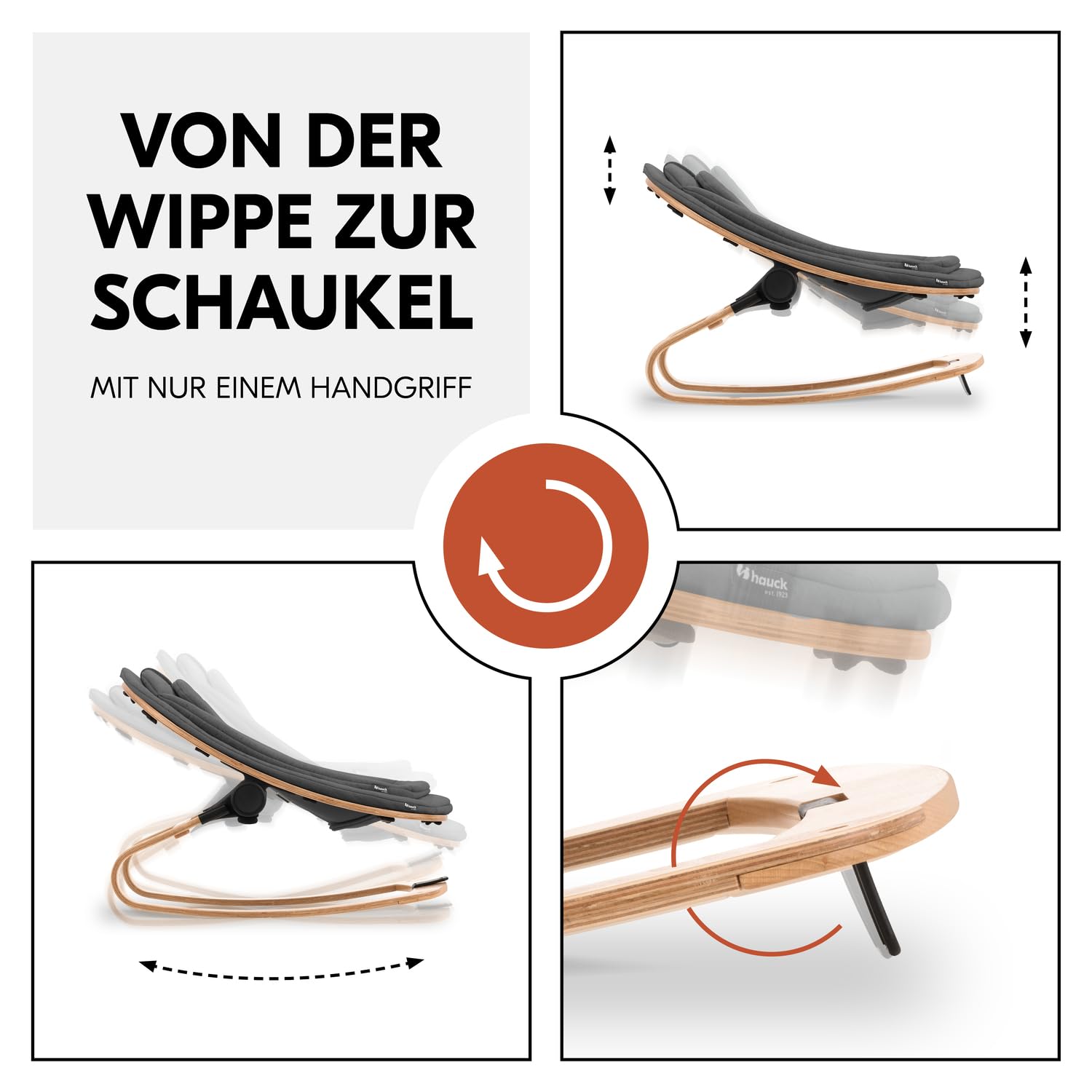 hauck Holz Babywippe & Hochstuhlaufsatz, Highchair Bouncer Eco Deep Grey | Ergonomischer 3in1 Neugeborenenaufsatz für Alpha+ & Beta+ hauck Hochstuhl ab Geburt bis 15 kg, 5-Punkt-Gurt, Baumwollbezug