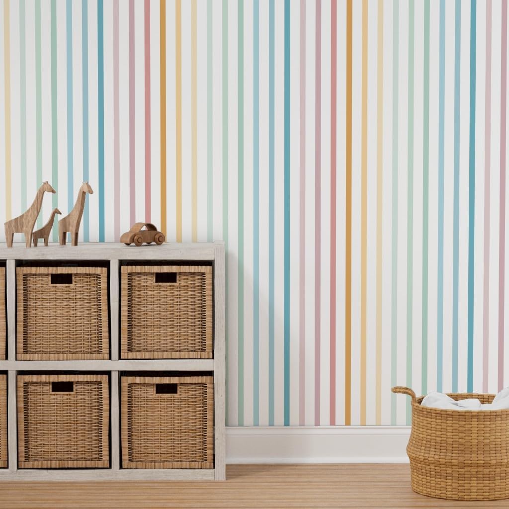Peel & Stick Wallpaper 3ft x 2ft - Pastel Rainbow Vertical Stripes Custom Removable Wallpaper by Spoonflower