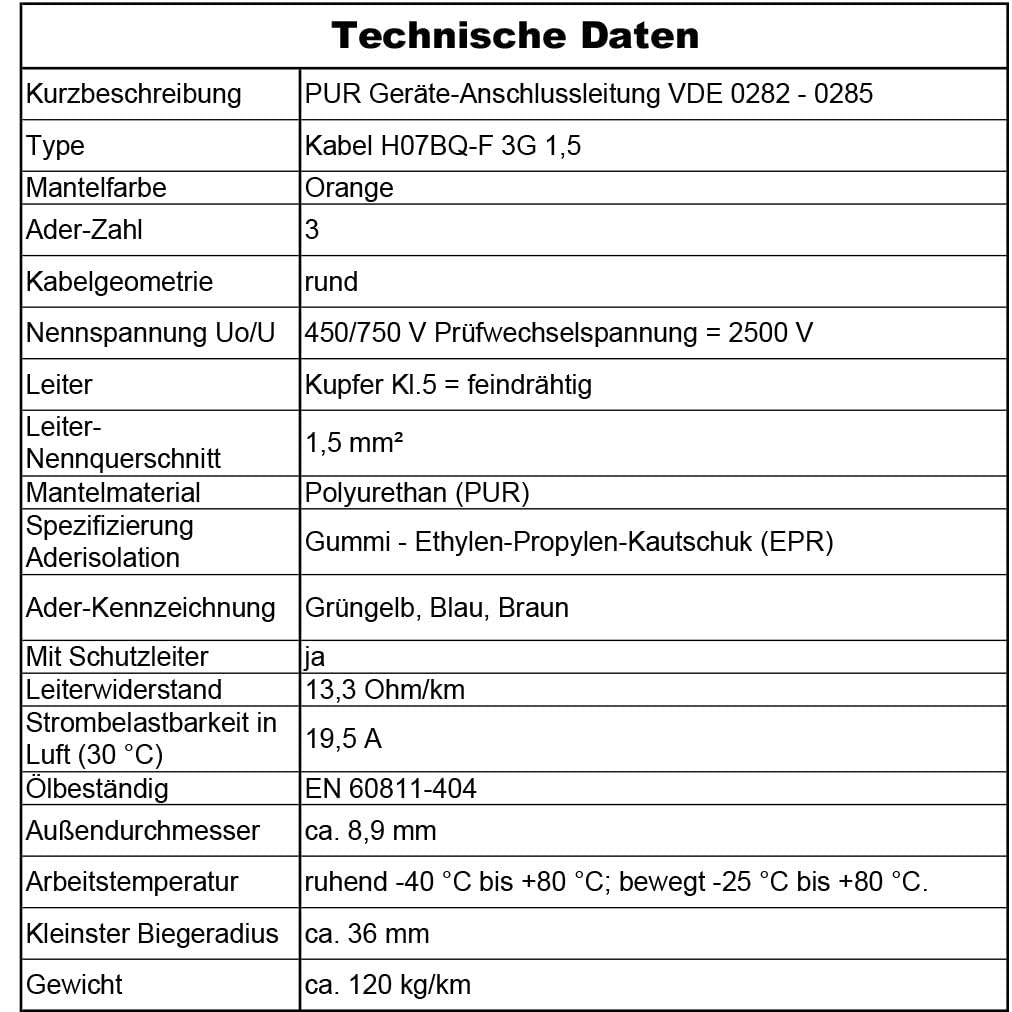 MAS Premium Kabel PUR 5-170 m H07BQ-F 2 x 1,5 3G1,5 2,5 4G1,5 5G1,5 2,5 4 6 7G1,5, pomarańczowy, przewód przyłączeniowy do urządzeń rolniczych lub urządzeń budowlanych (H07BQ-F 3G1,5OR, 40 m)