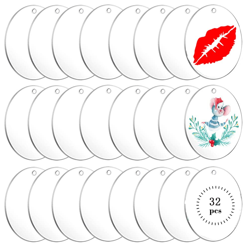 XWAIO 32 Pieces 2Inch Clear Acrylic Ornament Blanks Round Acrylic Ornament Transparent Acrylic Circle Blanks Discblank Ornaments For Crafting Vinyl Project Painting Diy,Holiday Hanging Ornaments