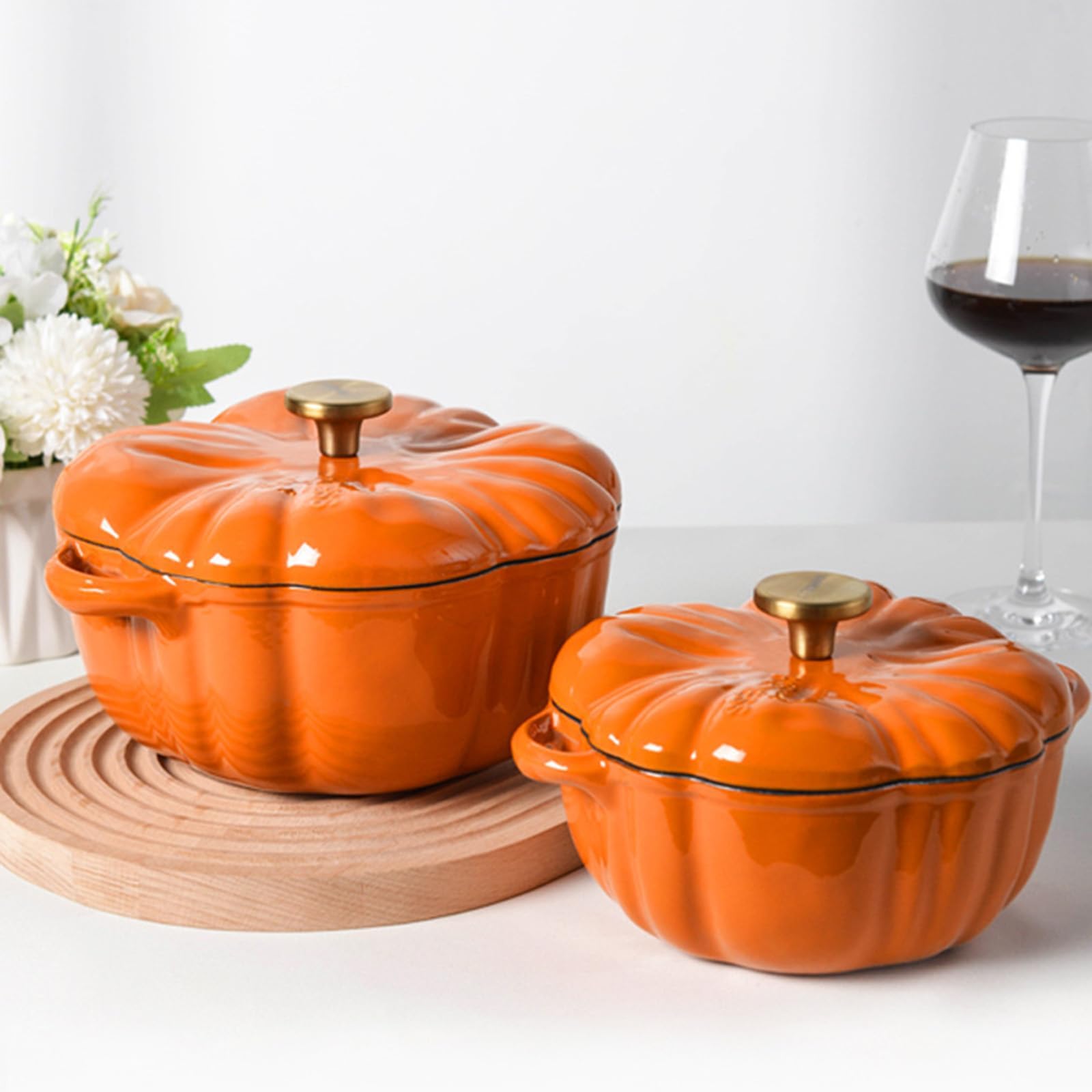 Horno holandés de hierro fundido, cacerola con forma de calabaza con tapa y asas, olla antiadherente para gachas, sopa, guisos, regalos, 3.7 L