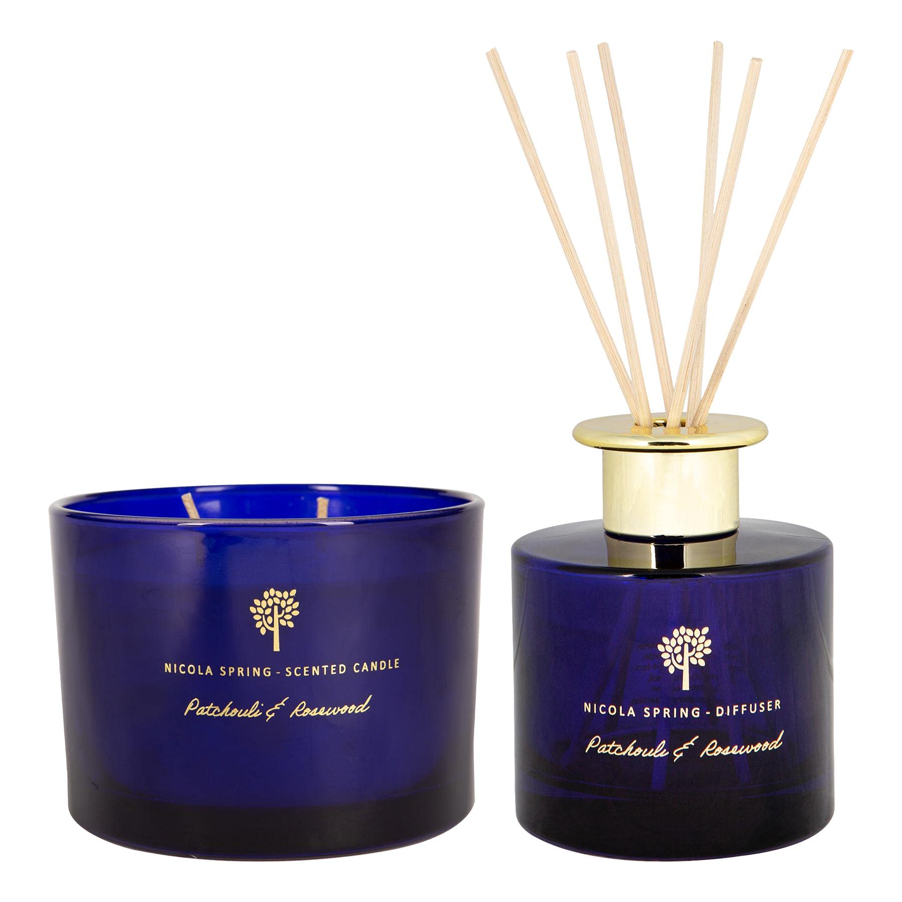 Nicola Spring Patchouli & Rosewood Scented Candle & Reed Diffuser Set - 350g Soy Wax Candle 38 Hour Burning Time Large Relaxing Fragrance Gift Set Aromatherapy 200ml Fragrant Diffuser