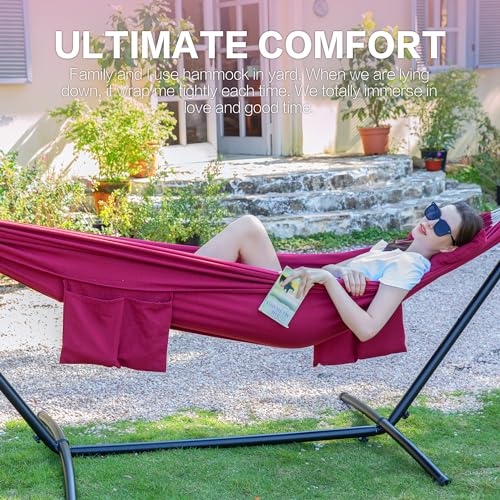 Image of PNAEUT Double Hammocks with Stand for Outside, Portable Space Saving Heavy-Duty Steel Stand for Indoor Outdoor Patio with Carrying Bag, 450 lbs Capacity (Cherry)