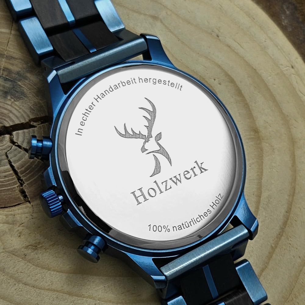 Holzwerk Germany Ręcznie wykonany designerski zegarek męski ekologiczny naturalny drewniany zegarek chronograf bransoletka zegarek analogowy zegarek kwarcowy niebieski brązowy data drewno tarcza,