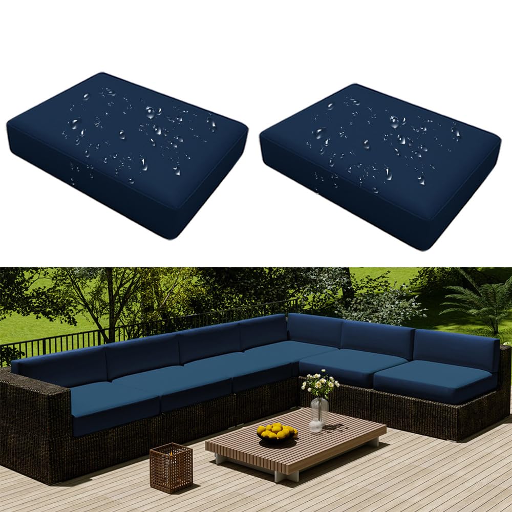 Hiseng Housse de Coussin de Canapé Extérieur Imperméable 2 pièces, Couleur Unie Housses de Coussin de Siège avec Fermeture éclair pour Chaise de Jardin Terrasse Salon Meubles (60x60x10cm,Bleu Marine