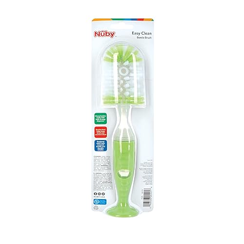 Miniatura 6 de Nuby Cepillo para botella de cerdas suaves y duraderas con asas texturizadas y base de succión, sistema 2 en 1, color verde