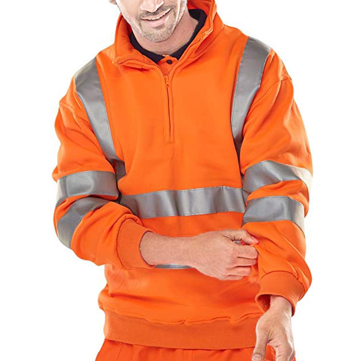Durus Workwear Men's Orange Hi Vis Visibility 1/4 Zip Top Workwear Sweatshirt Reflective Jumper