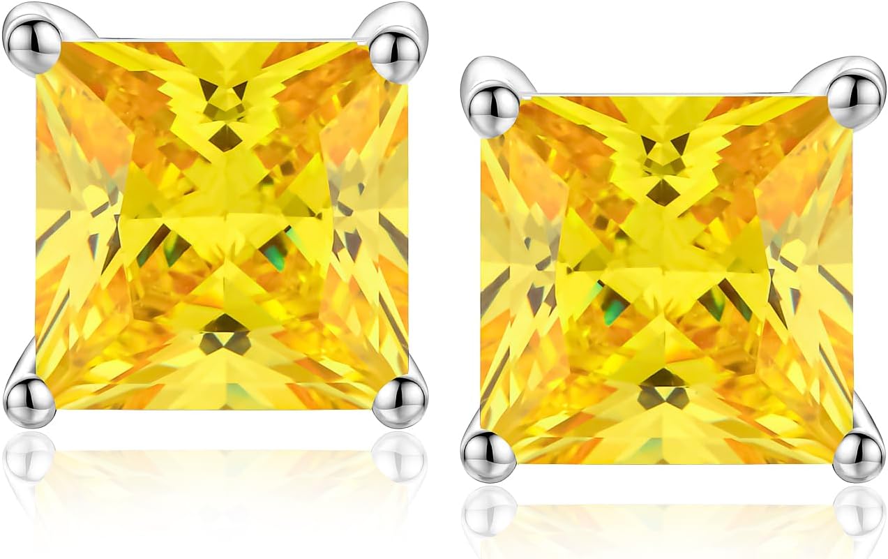 RANDES 925 Sterling Silver Birthstone Earrings for Women Small Stud Earrings Round/Princess Cut Gemstone Earrings Birthstone Jewelry