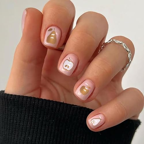 Uñas postizas cortas cuadradas SWEKKE, uñas postizas de otoño, uñas de color rosa, cubierta completa, uñas falsas de diseño dorado de manzana y