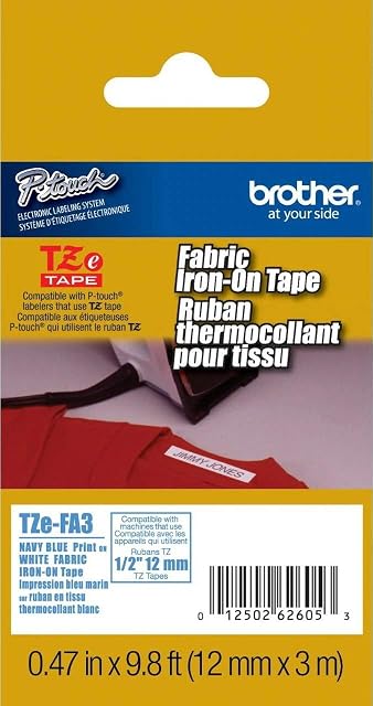 Brother Genuine TZeFA3 Navy on White Fabric Iron-on 12 mm Tape for P-Touch Label Makers