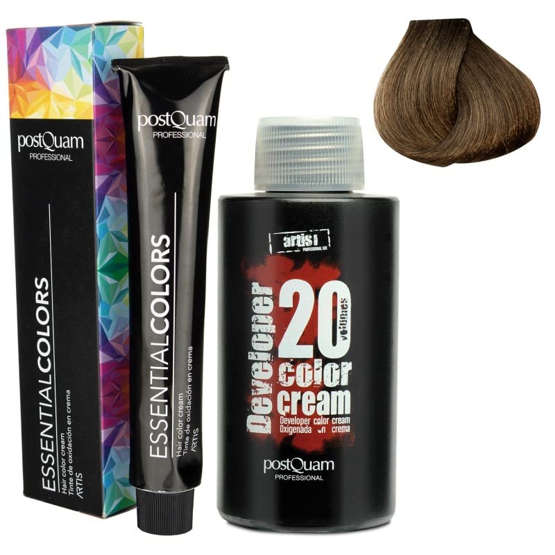 PostQuam - Pack de 3 Tinte de Peluqueria Profesional + Agua Oxigenada en Crema de 20 VOL | Tinte Permanente 100% Cobertura de Canas Garantiza Color Natural Uniforme y Duradero