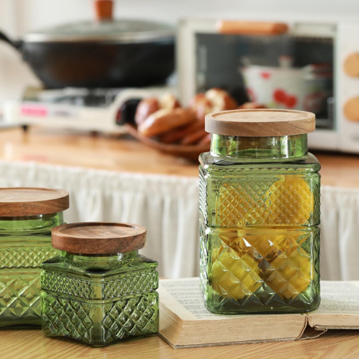 ANSQU Square Glass Canister, 61oz Candy Jar with Lid, Glass Food Storage Containers for Ground Coffee, Tea, Sugar, Decorative Mason Jar Cookie Jars (Green) Green 61 Ounces