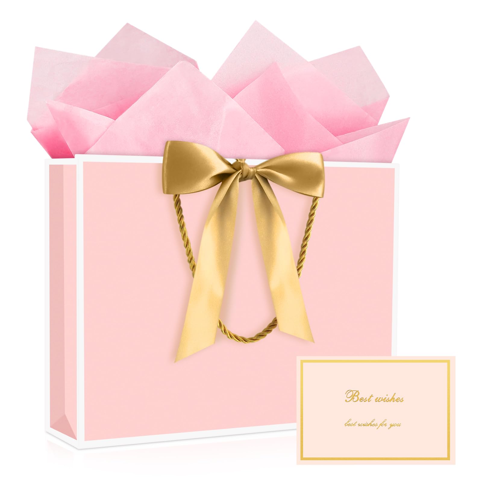 YoungTree 1PCS Large Gift Bag with Ribbon and 1 Greeting Card 2 Tissue Papers,Paper Gift Bag with Handles, Birthday Gift Bags,Present Bags for Wedding Party,Mothers Day.12.6" x 9.8" x 4.3"white-pink — image 1