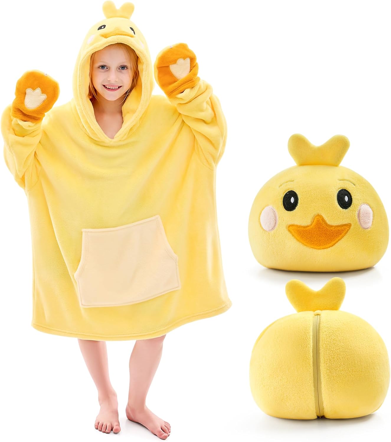 IFNOW Wearable Blanket Hoodie Kids, Oversized Fleece Blanket Sweatshirt Christmas Birthday Gifts for Boys, Girls, Teen Hoodie with Portable Foldable Blanket Pillow Animal Embroidery 5-15 Years Chicken