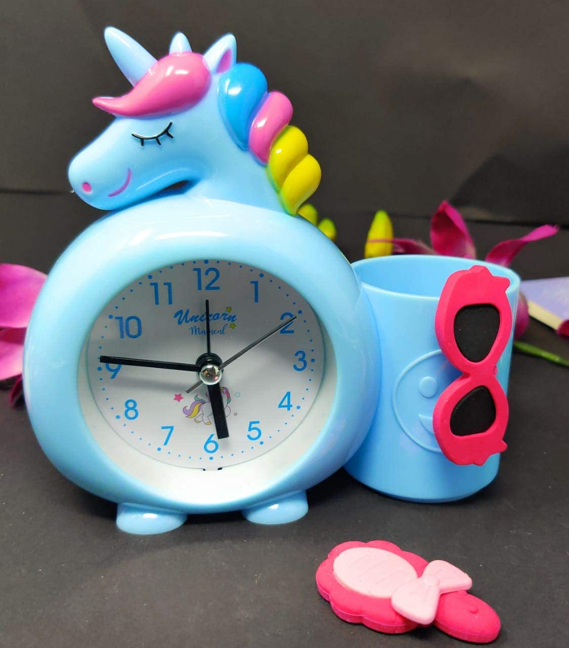 ANG® Unicorn Style Alarm Table Clock with Pen Pencil Stand for Kids Room/Boys/Girls Birthday Return Gifts (Blue) 2