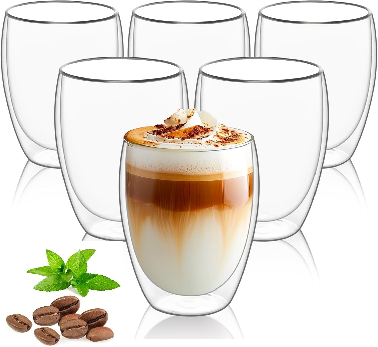 BEONE Double Walled Glass Coffee Mugs 6pc/250ML, Large Insulated Layer Coffee Cups, Clear Borosilicate Mugs, Perfect for Cappuccino, Tea, Latte, Espresso, Wine (6pcs/set, 8OZ/250ML)
