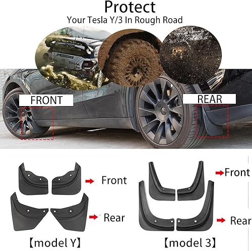 Miniatura 7 de StarYtbl - Juego de 4 aletas de barro mejoradas para Tesla Modelo 3, protectores contra salpicaduras de alta resistencia, sin taladros, delanteros y
