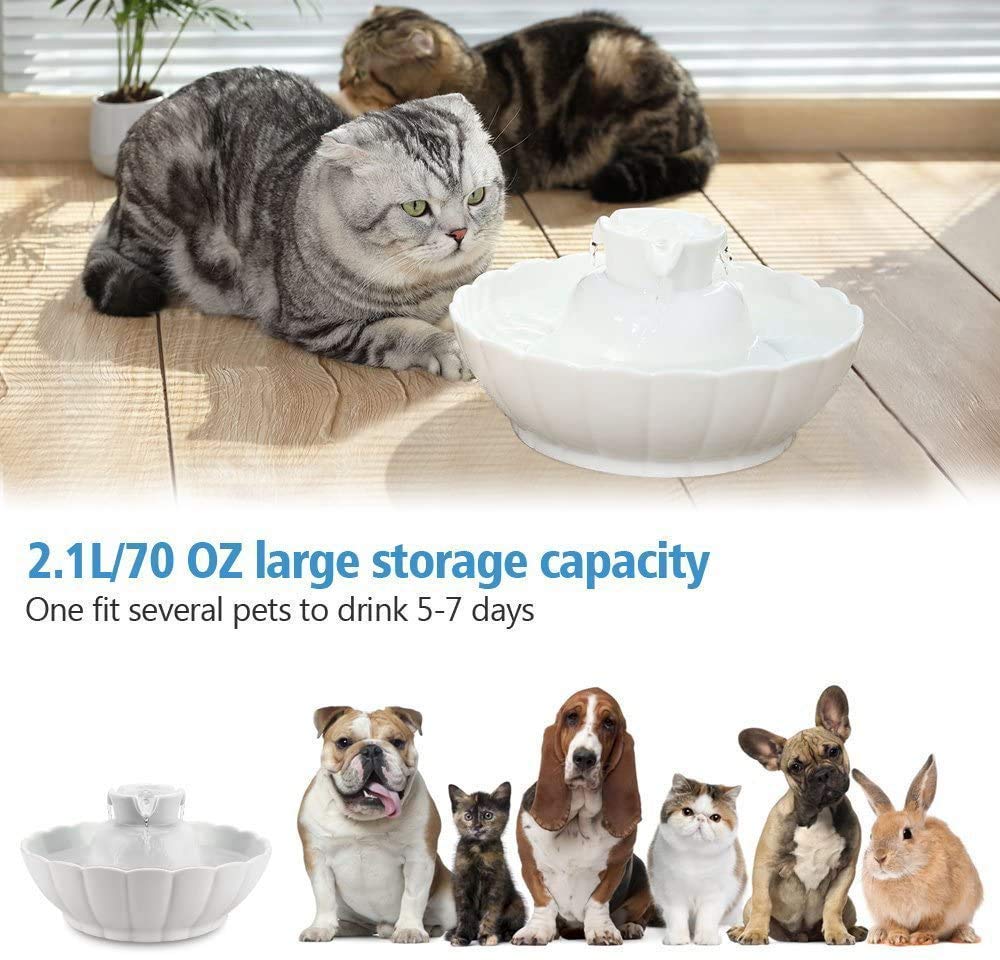 iPettie Fuente de cerámica para Gatos 2,1L | Fuente de cerámica | Saludable | Super Tranquila | Fácil de Desmontar/Limpiar | Filtros orgánicos Baratos | con Bomba de Repuesto (Lotus Blanco)