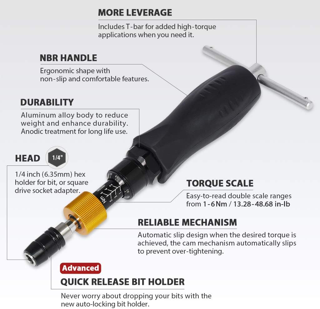 FIRSTINFO H5182 Precision Certified Limited Torque Screwdriver 1-6 Nm (13.28-48.68 in-lbs) with 1/4 Inch Universal Hex Bit Holder Quick Release Design, with Extra T-Handle, with Double Scale