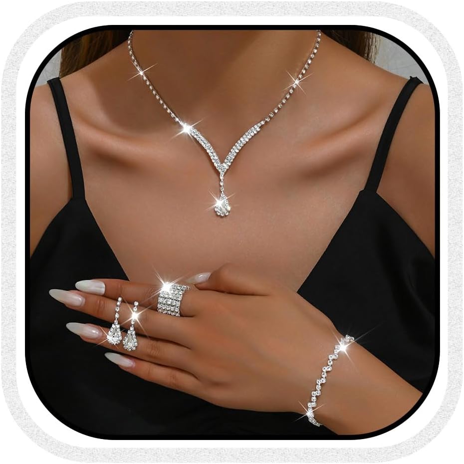 Unicra Bridal Wedding Jewelry Set Silver Rhinestone Dominican