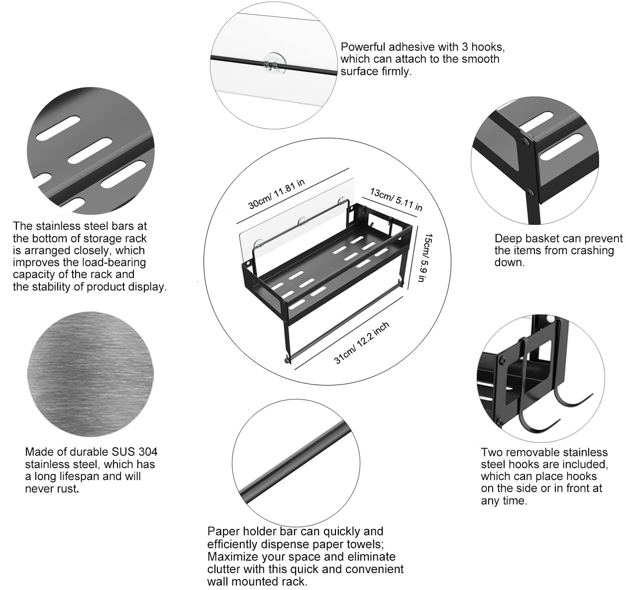 Soporte para toallas de papel con almacenamiento de estantes, 2 en 1 montado en la pared para cocina, balcón y baño, instalación autoadhesiva o perforadora, acabado negro mate SUS304 6