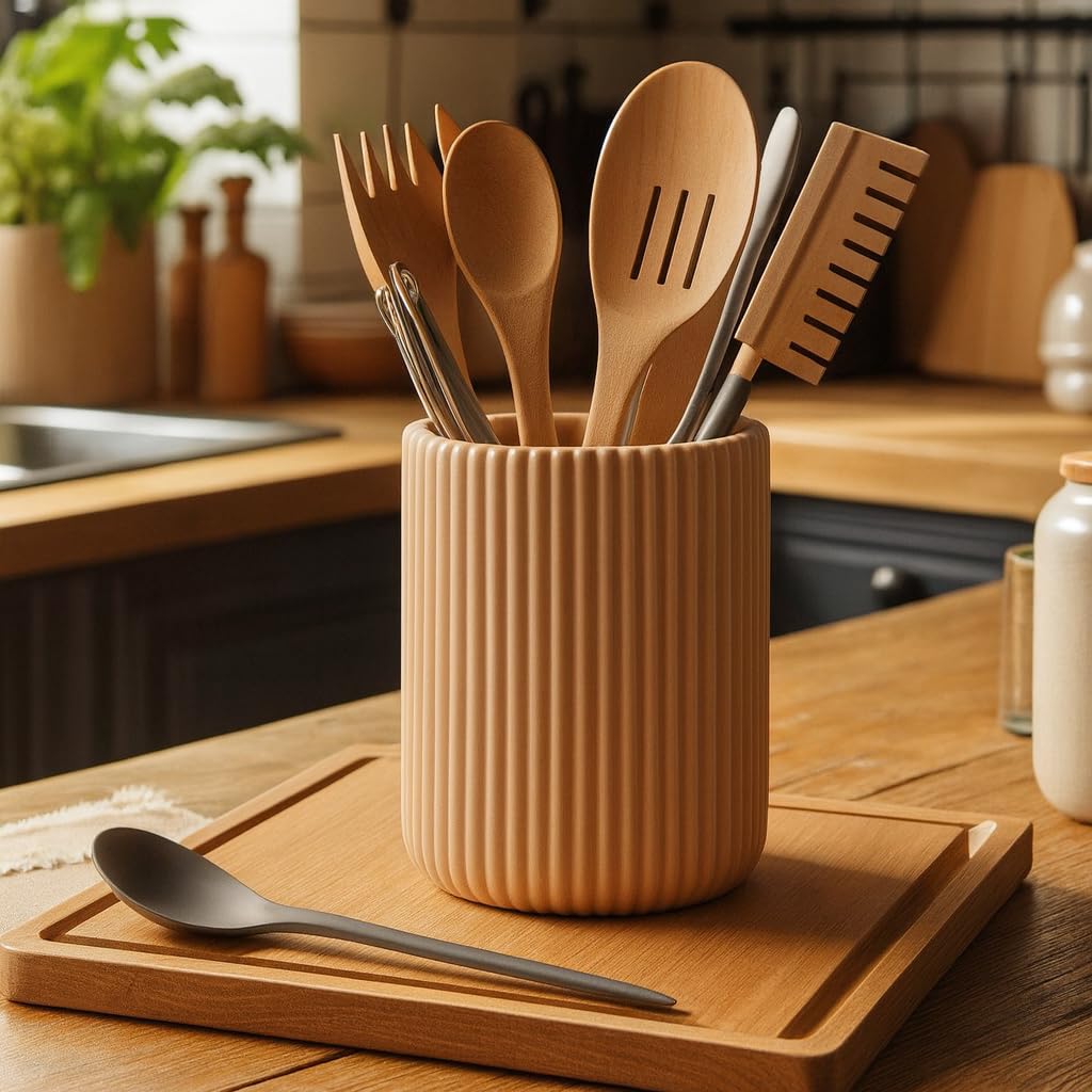 Ribbed Kitchen Utensil Holder, Utensil Basket (DEL-0052) (Matt Latte Brown)