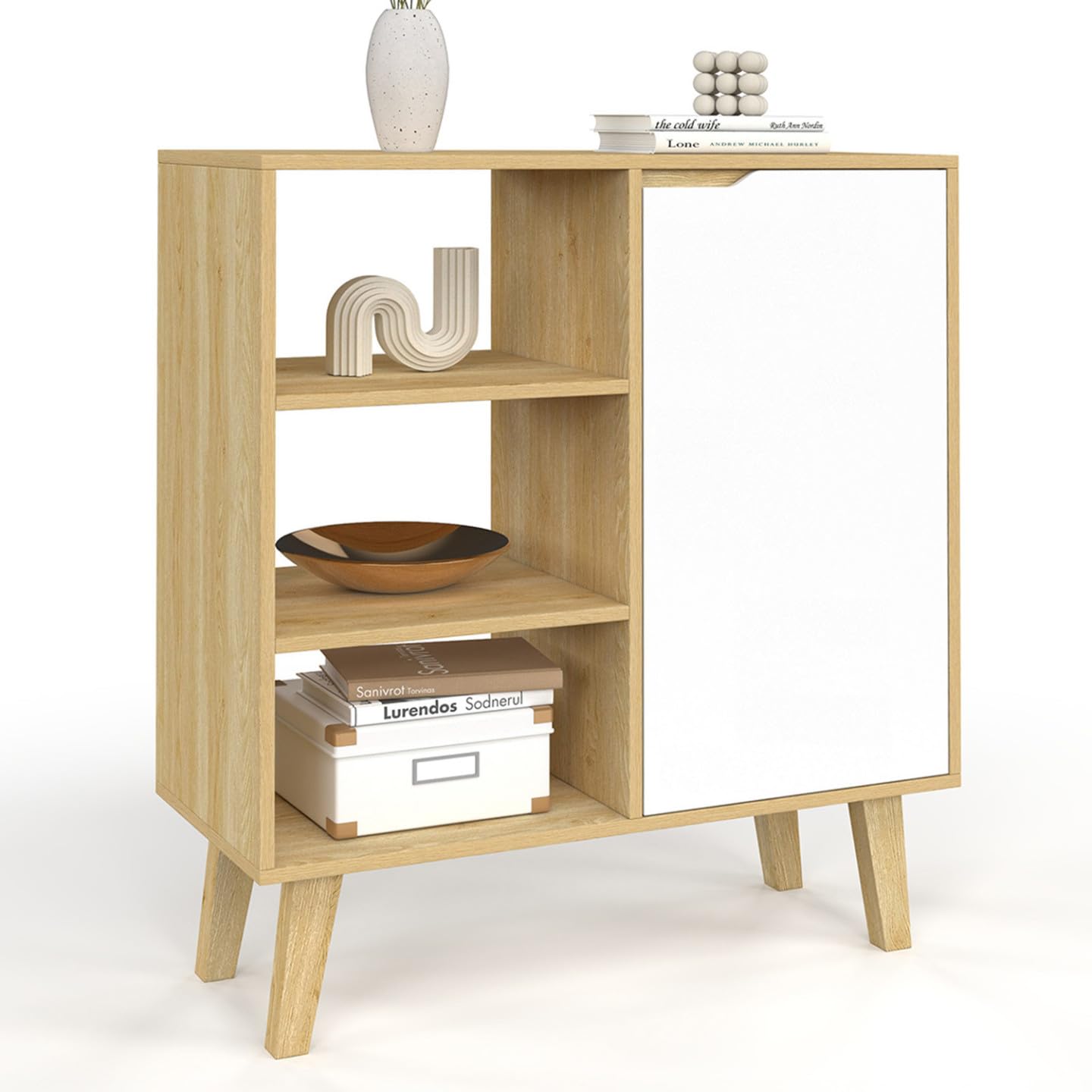 IDMarket - Aparador auxiliar de 3 estantes y armario de 70 cm FINN blanco y madera estilo haya